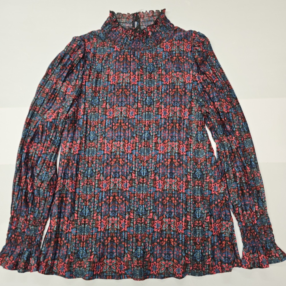 Womens Long Sleeve Mock Neck Pleated Floral‎ Print Blouse Top